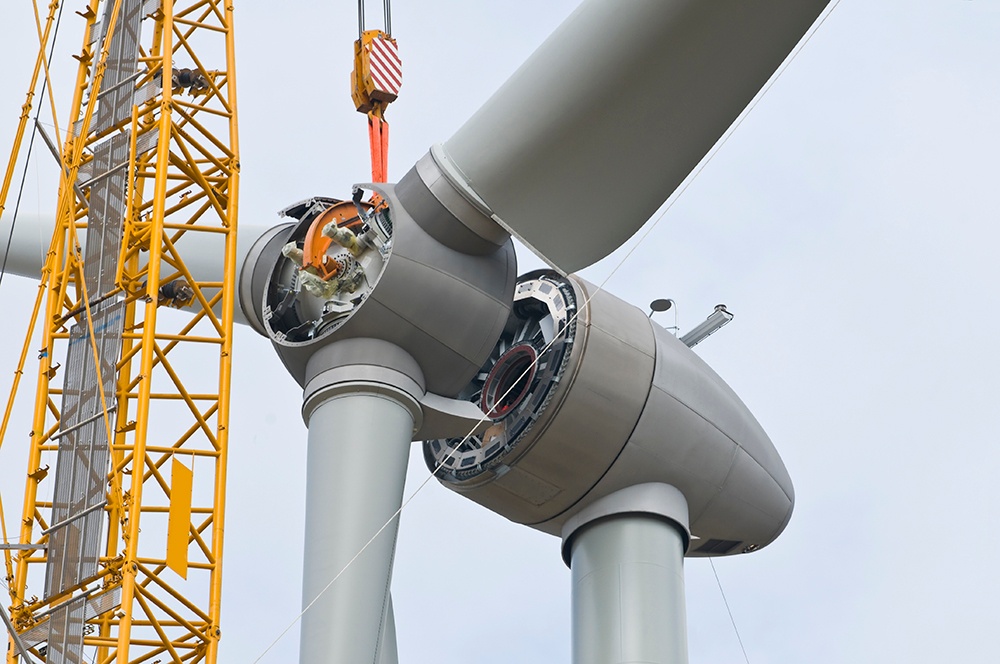 Wind Turbine being built. Wind turbine is becaoming more reliable source of 
energy.